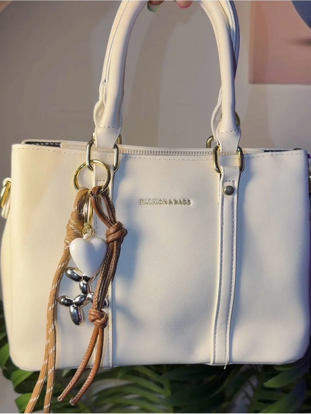 Cream Structured Satchel with Charm by